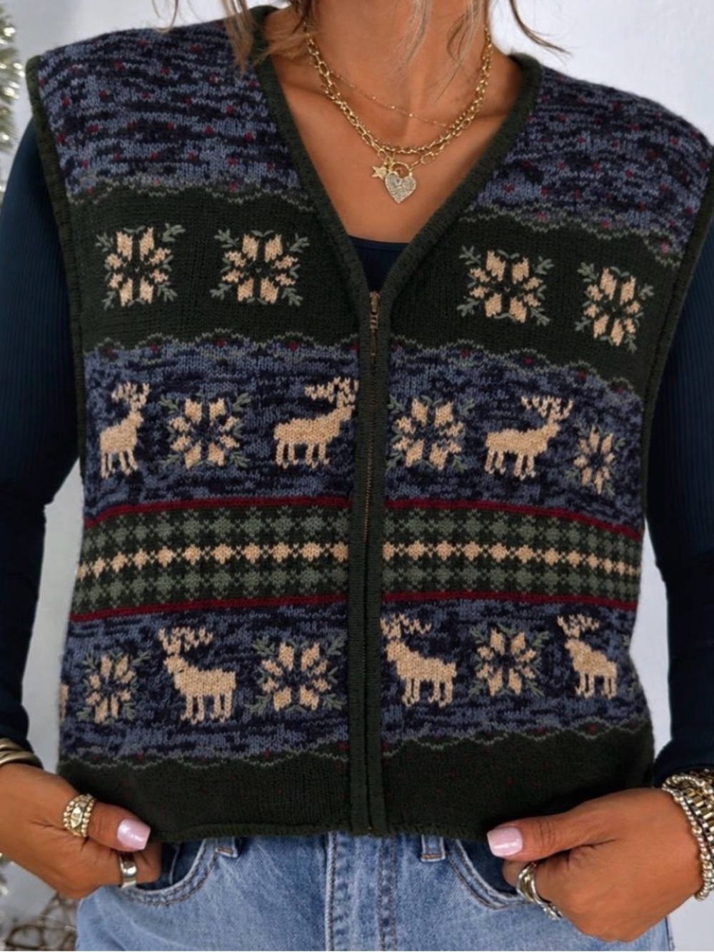 Olive Green Fair Isle Zip-Up Sweater Vest with Reindeer Motif